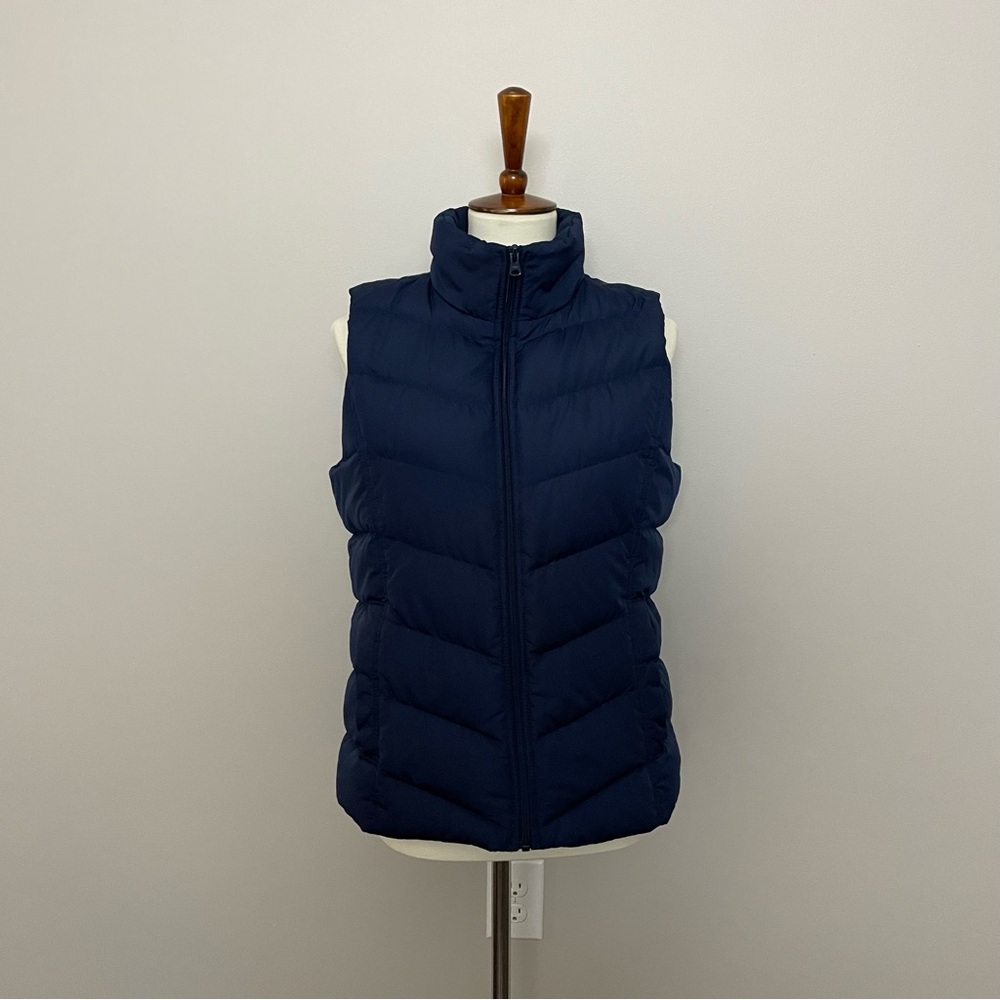 Lands End Vest Puffer Down Feathers Quilted Lightweight Pockets Full Zipper Blue